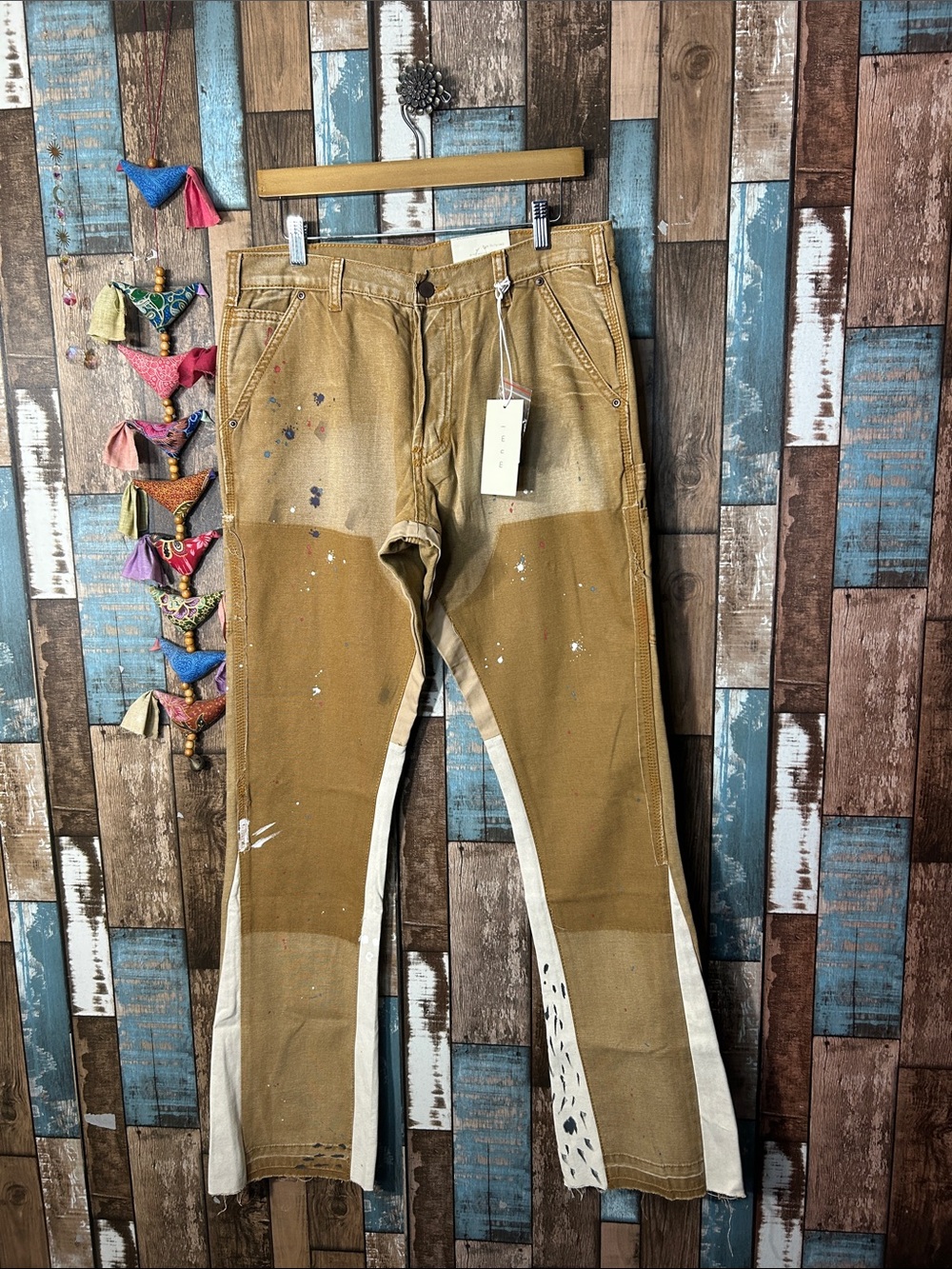 Men's Bootcut Work Jeans in Brown with White Side Panels